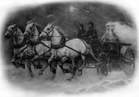 Artist sketch of three horses pulling a steam fire engine racing to a fire.